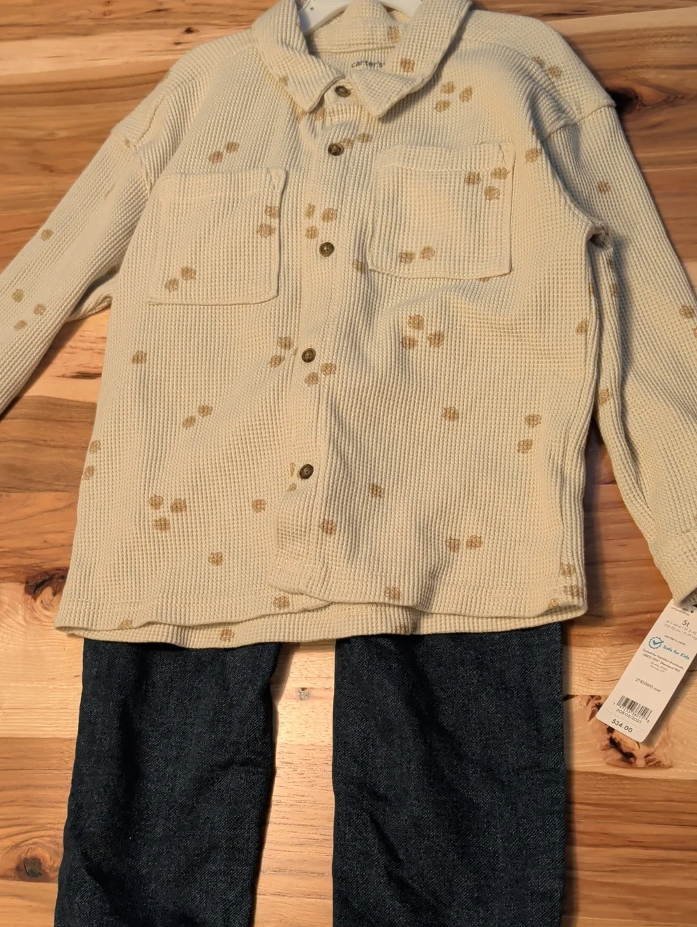 Kids Cream Waffle-Knit Button-Up Shirt with Tan Dot Print